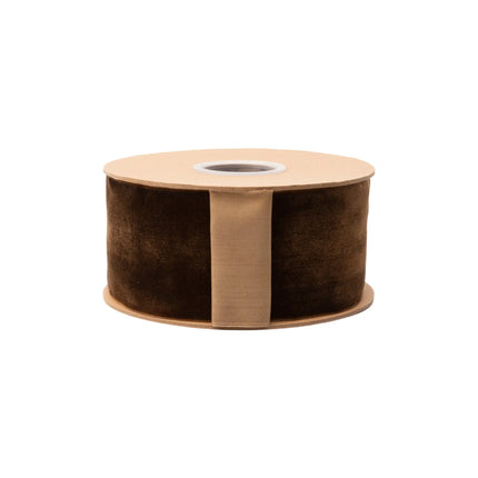 2.5 inch solid brown unwired velvet ribbon roll, flexible smooth velvet for vintage wedding embellishments