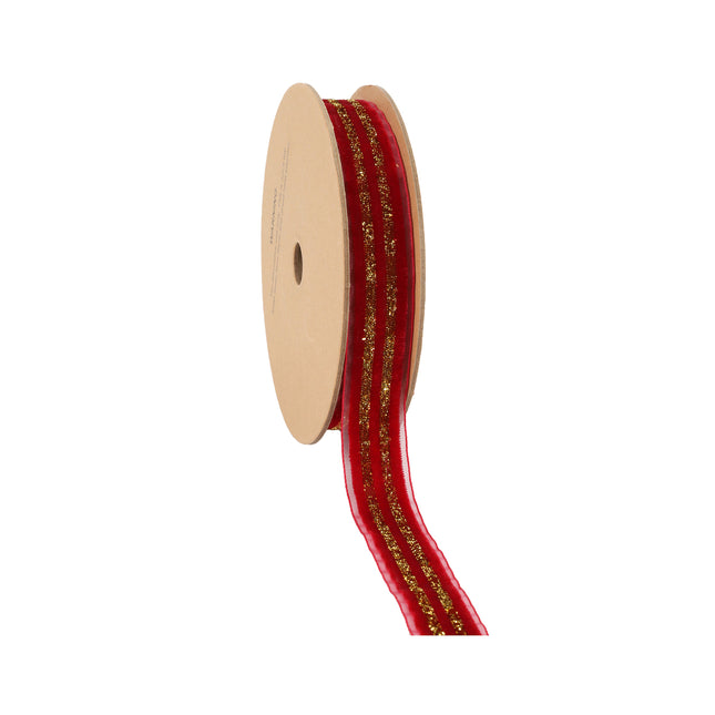 7/8" Striped Metallic Velvet Ribbon | Red/Gold | 10 Yard Roll LaRibbons and Crafts