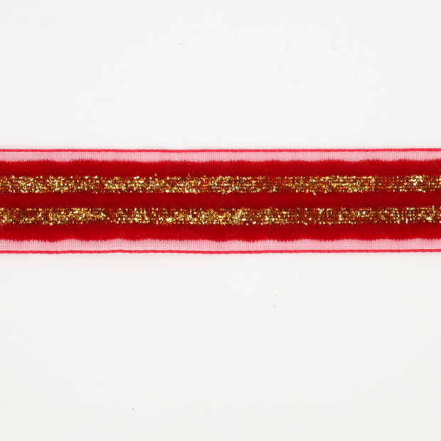 7/8" Striped Metallic Velvet Ribbon | Red/Gold | 10 Yard Roll