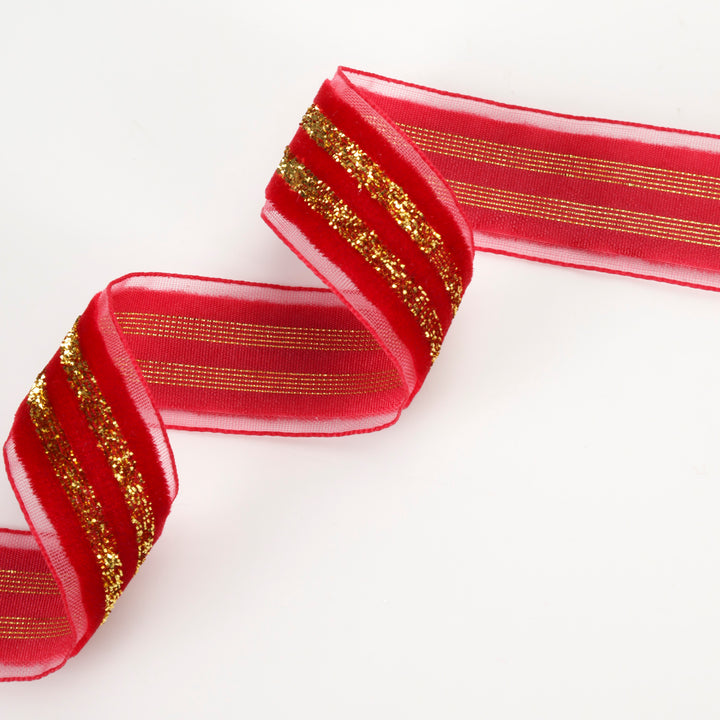 7/8" Striped Metallic Velvet Ribbon | Red/Gold | 10 Yard Roll