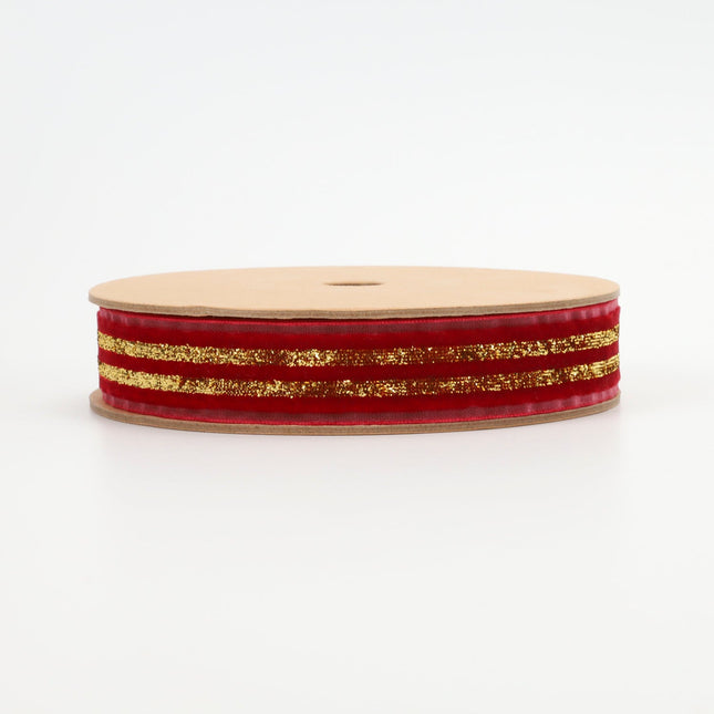 7/8" Striped Metallic Velvet Ribbon | Red/Gold | 10 Yard Roll LaRibbons and Crafts