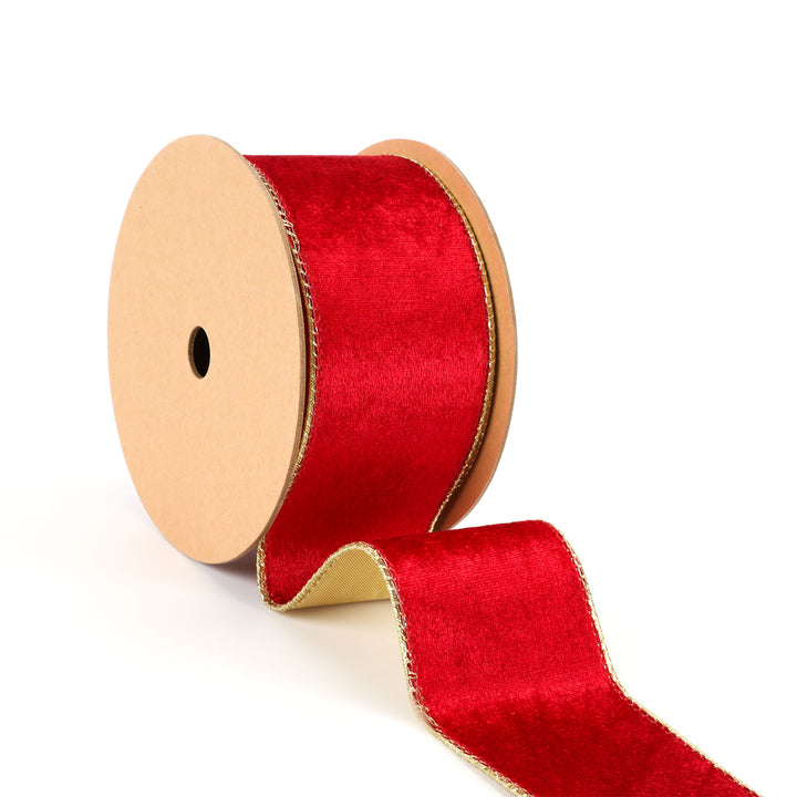 2 1/2" Reversible Velvet/Lurex Wired Ribbon | Scarlet/Gold | 10 Yard Roll