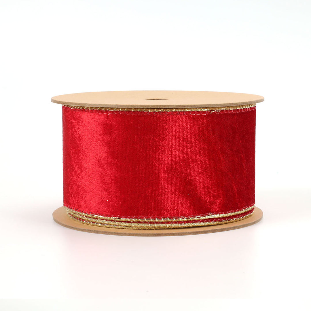 2 1/2" Reversible Velvet/Lurex Wired Ribbon | Scarlet/Gold | 10 Yard Roll