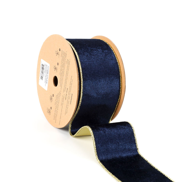 2 1/2" Reversible Velvet/Lurex Wired Ribbon | Navy/Gold | 10 Yard Roll - 35% OFF