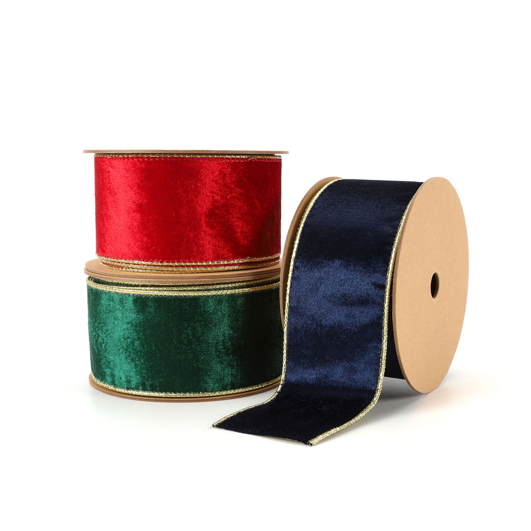 2 1/2" Reversible Velvet/Lurex Wired Ribbon | Navy/Gold | 10 Yard Roll - 35% OFF