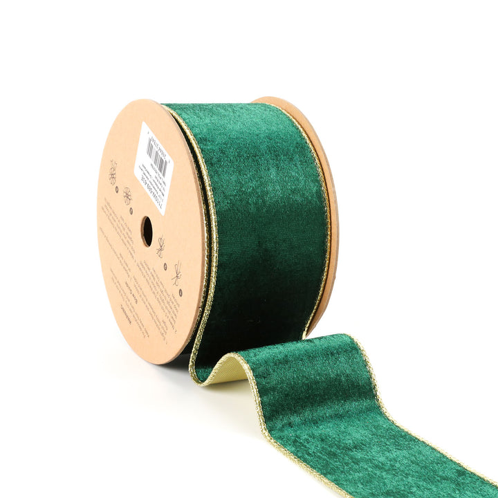 2 1/2" Reversible Velvet/Lurex Wired Ribbon | Green/Gold | 10 Yard Roll