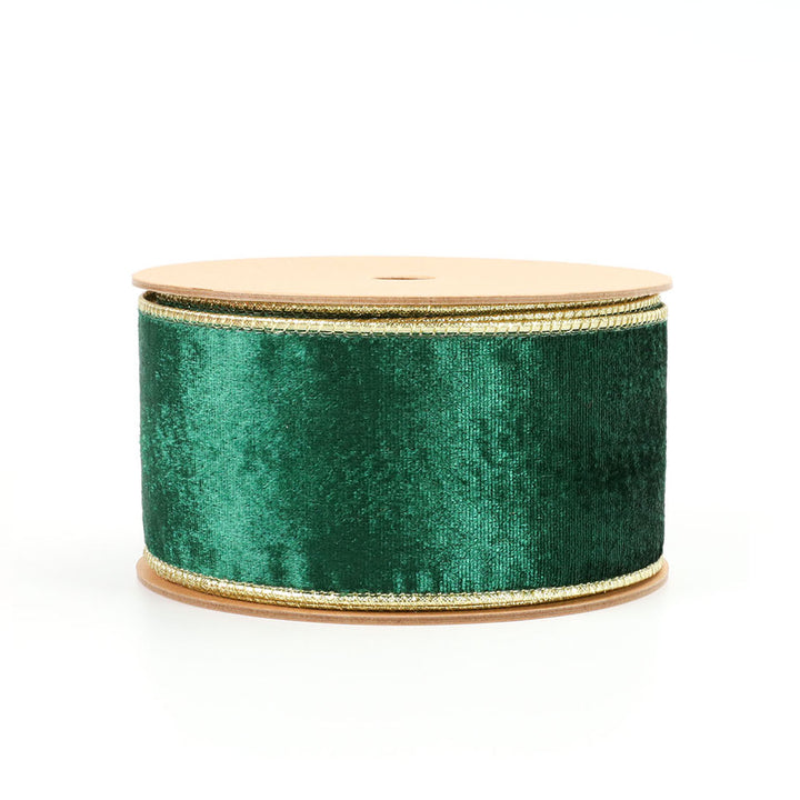 2 1/2" Reversible Velvet/Lurex Wired Ribbon | Green/Gold | 10 Yard Roll