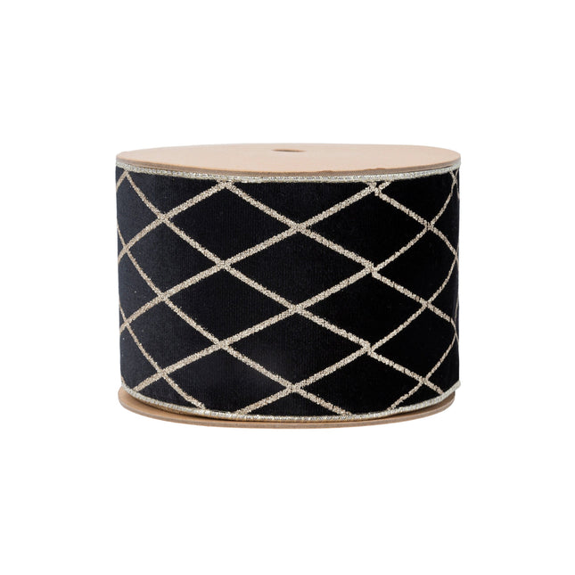 4" Wired Velvet Ribbon | Black with Glittered Diamond | 10 Yard Roll LaRibbons Wholesale