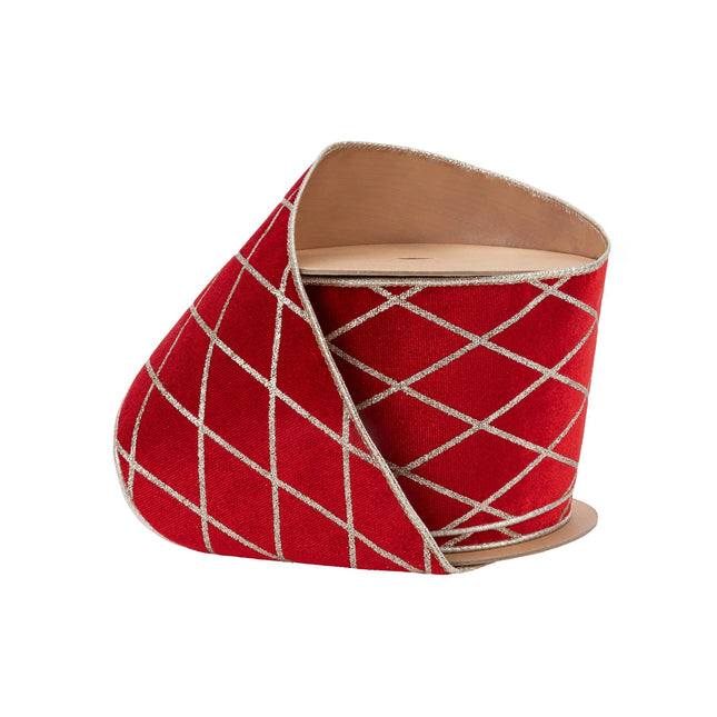 4" Wired Velvet Ribbon | Red with Glittered Diamond | 10 Yard Roll LaRibbons Wholesale