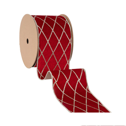 4" Wired Velvet Ribbon | Red with Glittered Diamond | 10 Yard Roll LaRibbons Wholesale