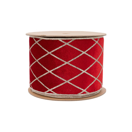 4" Wired Velvet Ribbon | Red with Glittered Diamond | 10 Yard Roll LaRibbons Wholesale