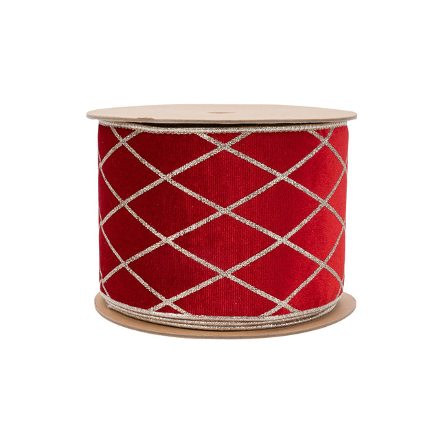 4" Wired Velvet Ribbon | Red with Glittered Diamond | 10 Yard Roll LaRibbons Wholesale