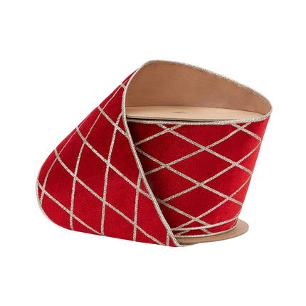 4" Wired Velvet Ribbon | Red with Glittered Diamond | 10 Yard Roll LaRibbons Wholesale