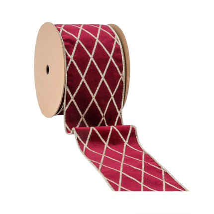 4" Wired Velvet Ribbon | Burgandy with Glittered Diamond | 10 Yard Roll LaRibbons Wholesale