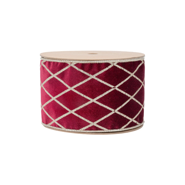4" Wired Velvet Ribbon | Burgandy with Glittered Diamond | 10 Yard Roll LaRibbons Wholesale