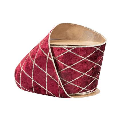 4" Wired Velvet Ribbon | Burgandy with Glittered Diamond | 10 Yard Roll LaRibbons Wholesale