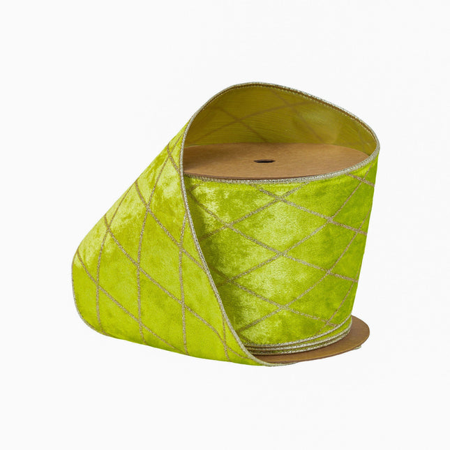 4" Wired Velvet Ribbon | Lime with Glittered Diamond | 10 Yard Roll LaRibbons Wholesale