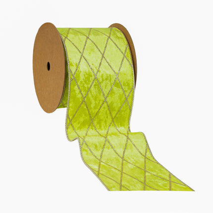 4" Wired Velvet Ribbon | Lime with Glittered Diamond | 10 Yard Roll LaRibbons Wholesale