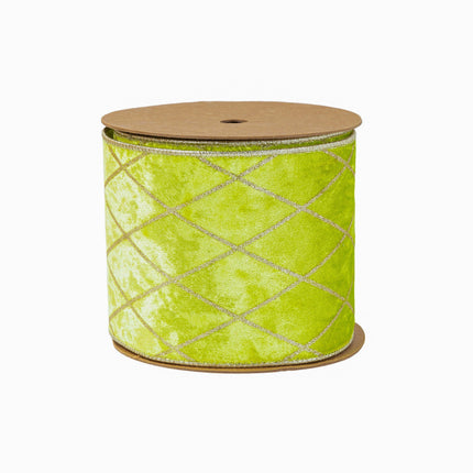 4" Wired Velvet Ribbon | Lime with Glittered Diamond | 10 Yard Roll LaRibbons Wholesale