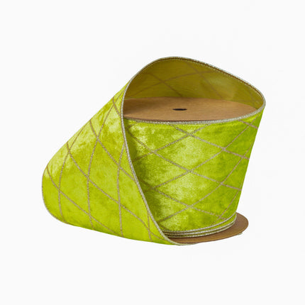 4" Wired Velvet Ribbon | Lime with Glittered Diamond | 10 Yard Roll LaRibbons Wholesale