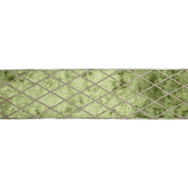 4" Wired Velvet Ribbon | Willow Green with Glittered Diamond | 10 Yard Roll LaRibbons Wholesale
