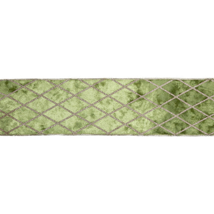 Green velvet ribbon with gold glitter diamond pattern, clear texture, fully displayed.