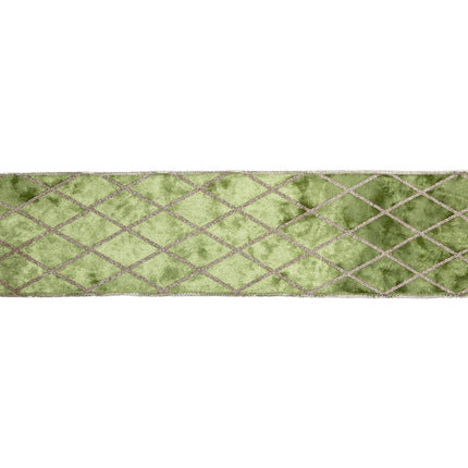 Festive wired velvet ribbon – green with glittered diamond design, perfect for holiday decorations and gift accents.