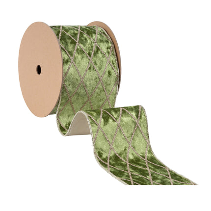 Green velvet ribbon spool with gold glitter diamond pattern, luxurious texture.