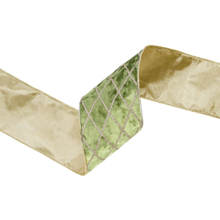 Wired velvet ribbon (green, glittered diamond, gold backing) for Christmas, perfect for festive gifting, decor, and crafting inspiration.