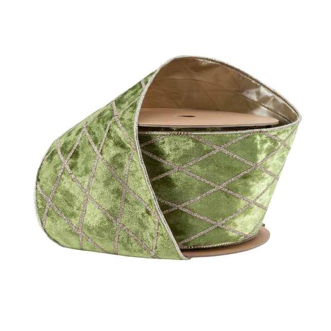 4" Wired Velvet Ribbon | Willow Green with Glittered Diamond | 10 Yard Roll