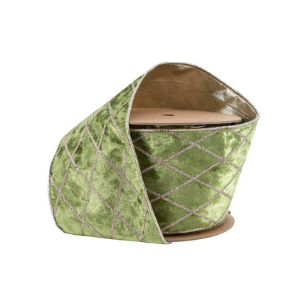 Wired velvet ribbon (green with glittered diamond pattern, gold backing), ideal for Christmas decor, gift wrapping, and crafting.