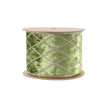 Wired velvet ribbon in green with glittered diamond pattern, great for Christmas crafting, decor, and DIY projects.