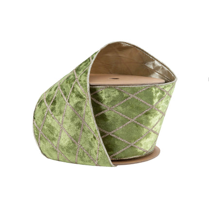 Green velvet ribbon with gold glitter diamond pattern, exquisitely crafted on spool.