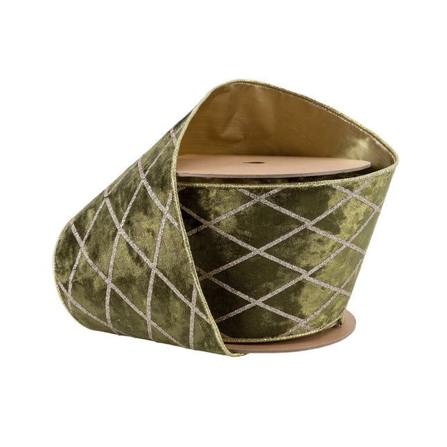 4" Wired Velvet Ribbon | Moss with Glittered Diamond | 10 Yard Roll LaRibbons Wholesale