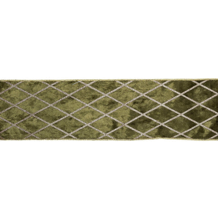 4" Wired Velvet Ribbon | Moss with Glittered Diamond | 10 Yard Roll LaRibbons Wholesale