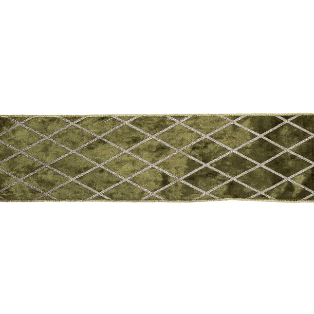 4" Wired Velvet Ribbon | Moss with Glittered Diamond | 10 Yard Roll LaRibbons Wholesale