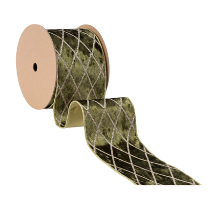 4" Wired Velvet Ribbon | Moss with Glittered Diamond | 10 Yard Roll LaRibbons Wholesale