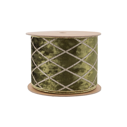 4" Wired Velvet Ribbon | Moss with Glittered Diamond | 10 Yard Roll LaRibbons Wholesale