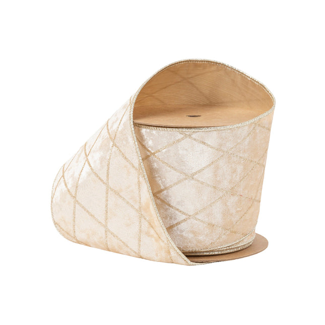 4" Wired Velvet Ribbon | Champagne with Glittered Diamond | 10 Yard Roll LaRibbons Wholesale