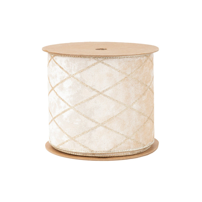 4" Wired Velvet Ribbon | Champagne with Glittered Diamond | 10 Yard Roll LaRibbons Wholesale