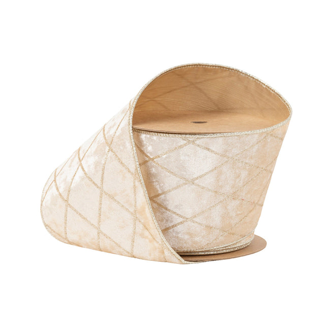 4" Wired Velvet Ribbon | Champagne with Glittered Diamond | 10 Yard Roll