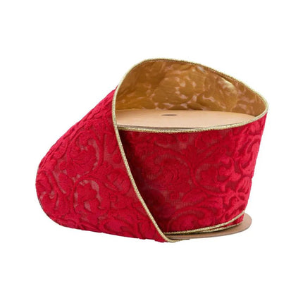 4" Wired Reversible Velvet Ribbon | Red Floral Embossed with Gold Backing | 10 Yard Roll LA Ribbons Wholesale