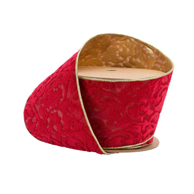 4" Wired Reversible Velvet Ribbon | Red Floral Embossed with Gold Backing | 10 Yard Roll
