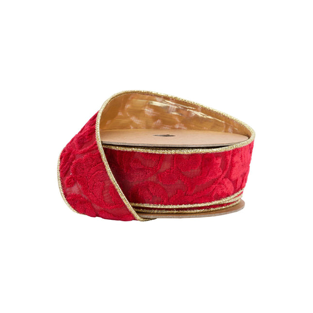 1 1/2" Wired Reversible Velvet Ribbon | Red Floral Embossed with Gold Backing | 10 Yard Roll