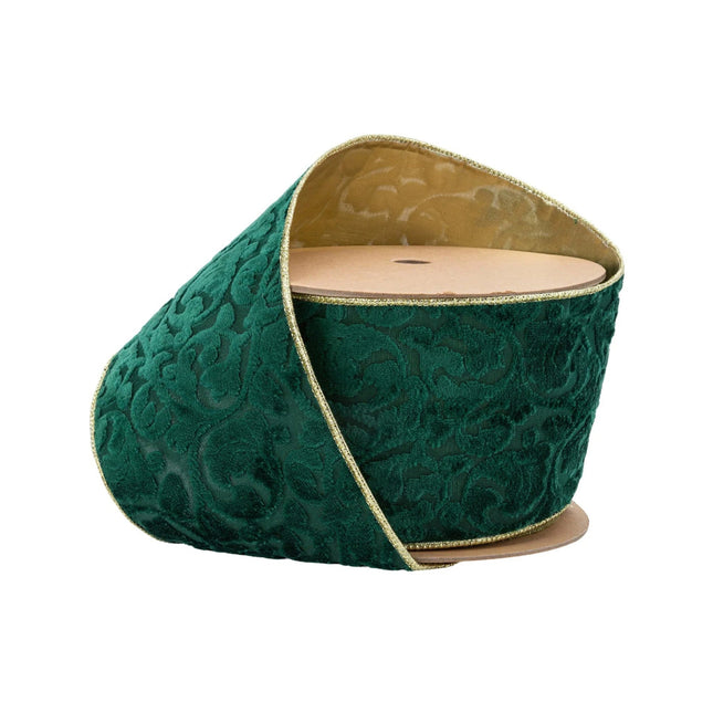 4" Wired Reversible Velvet Ribbon | Green Floral Embossed with Gold Backing | 10 Yard Roll