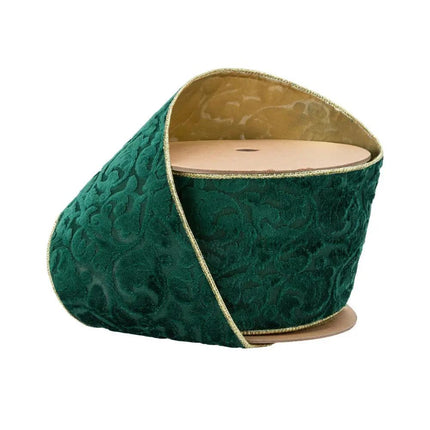 4" Wired Reversible Velvet Ribbon | Green Floral Embossed with Gold Backing | 10 Yard Roll LA Ribbons Wholesale