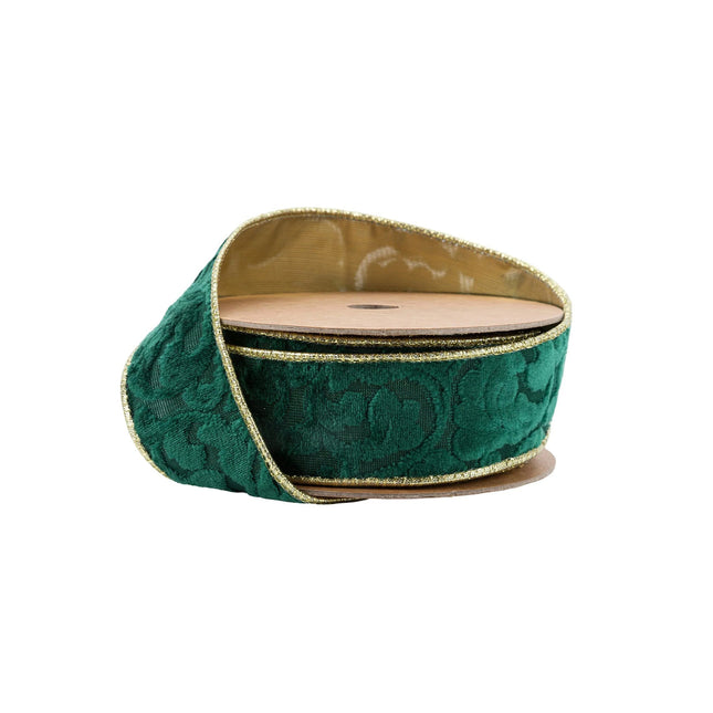 1 1/2" Wired Reversible Velvet Ribbon | Green Floral Embossed with Gold Backing | 10 Yard Roll