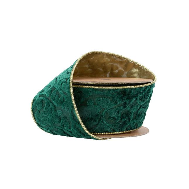 2 1/2" Wired Reversible Velvet Ribbon | Green Floral Embossed with Gold Backing | 10 Yard Roll