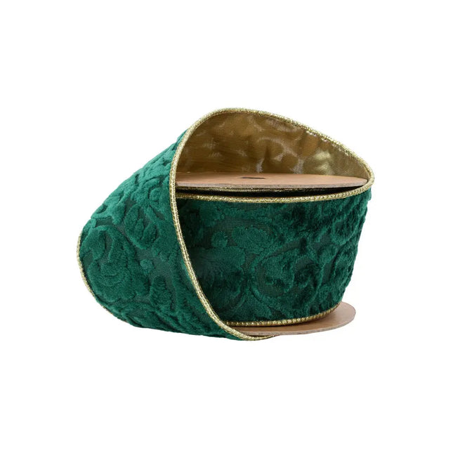 2 1/2" Wired Reversible Velvet Ribbon | Green Floral Embossed with Gold Backing | 10 Yard Roll