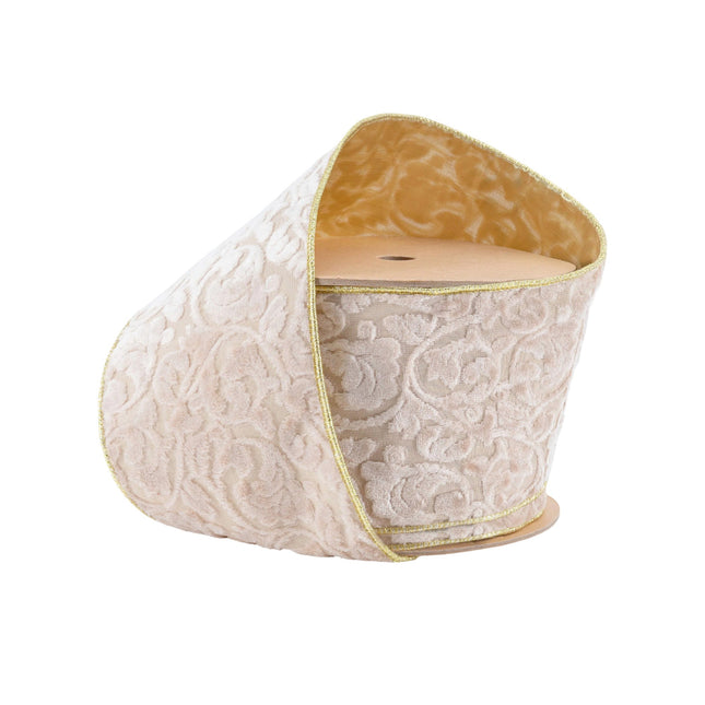 4" Wired Reversible Velvet Ribbon | Ivory Floral Embossed with Gold Backing | 10 Yard Roll